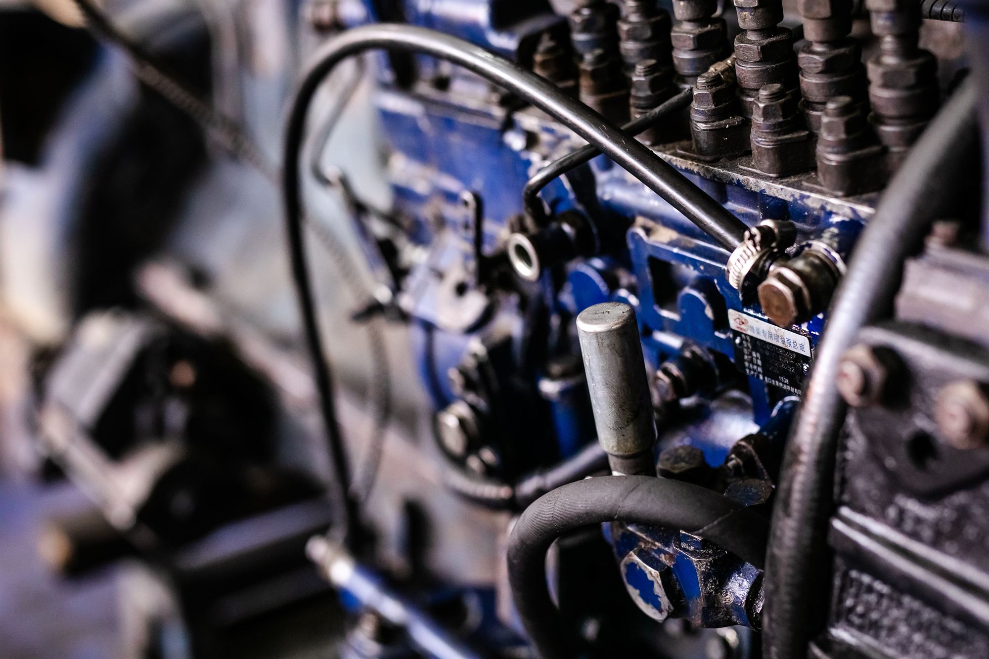 Close-up of a heavy-duty diesel engine during diagnosis